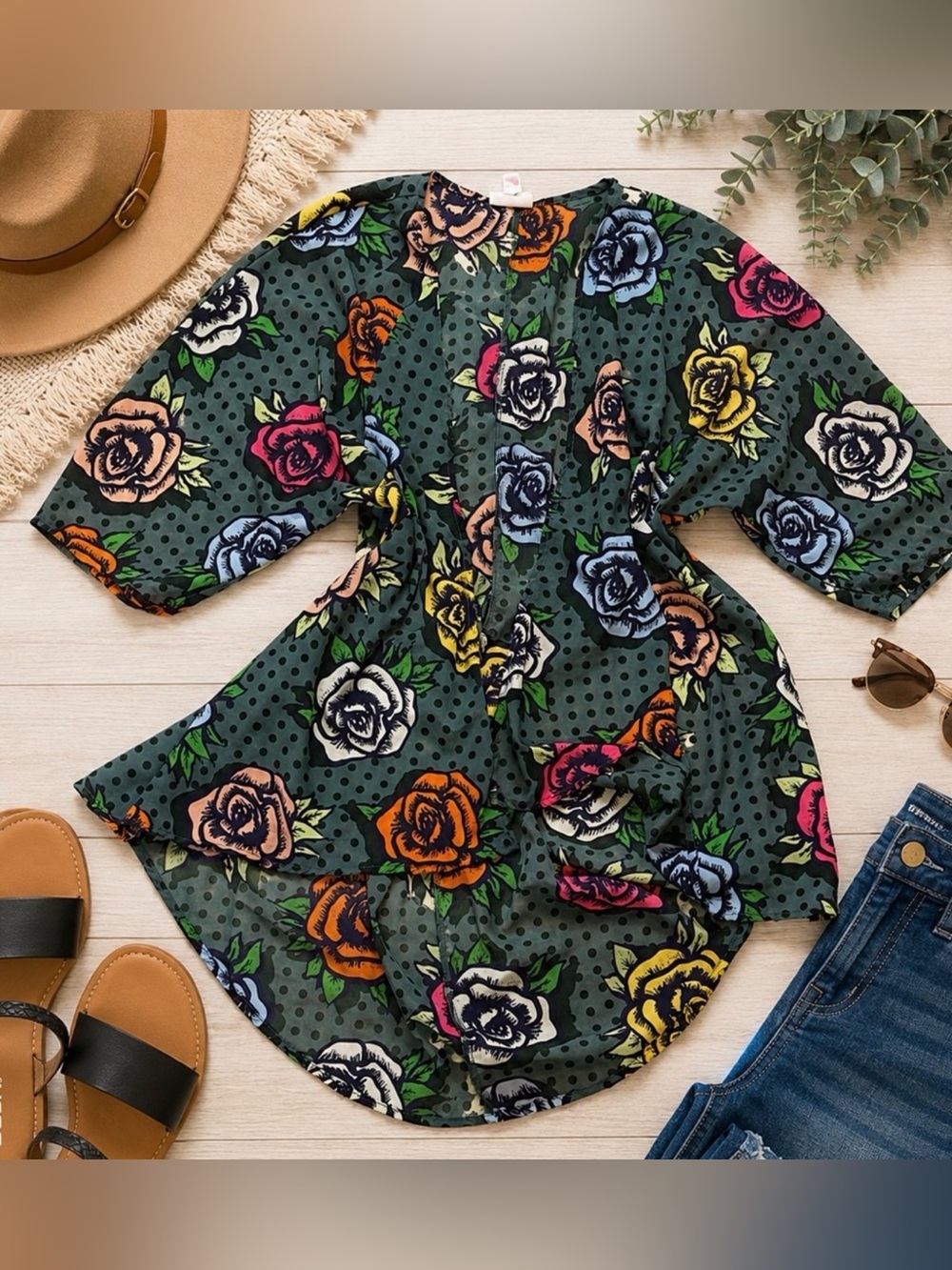 LuLaRoe Lindsey Floral Rose Kimono Green Polka Dot Boho Cardigan Small